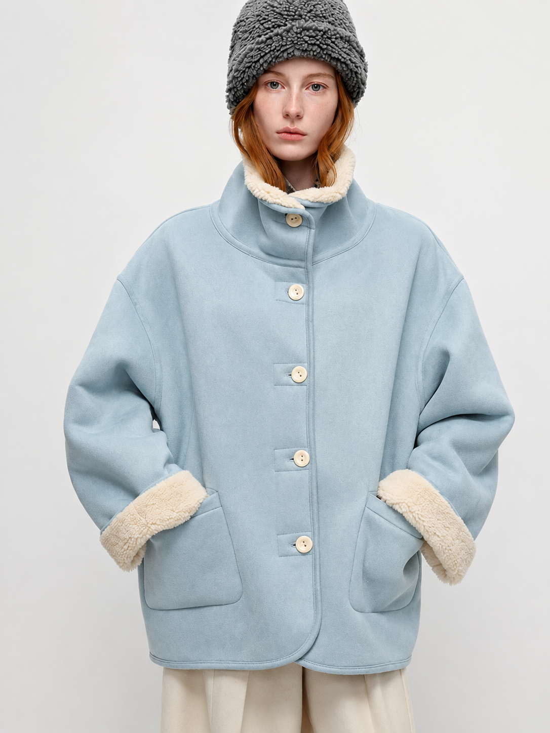 Sea Salt Cream Cup A Heavyweight Dual Wear Designshearling Suede Windproof Coat