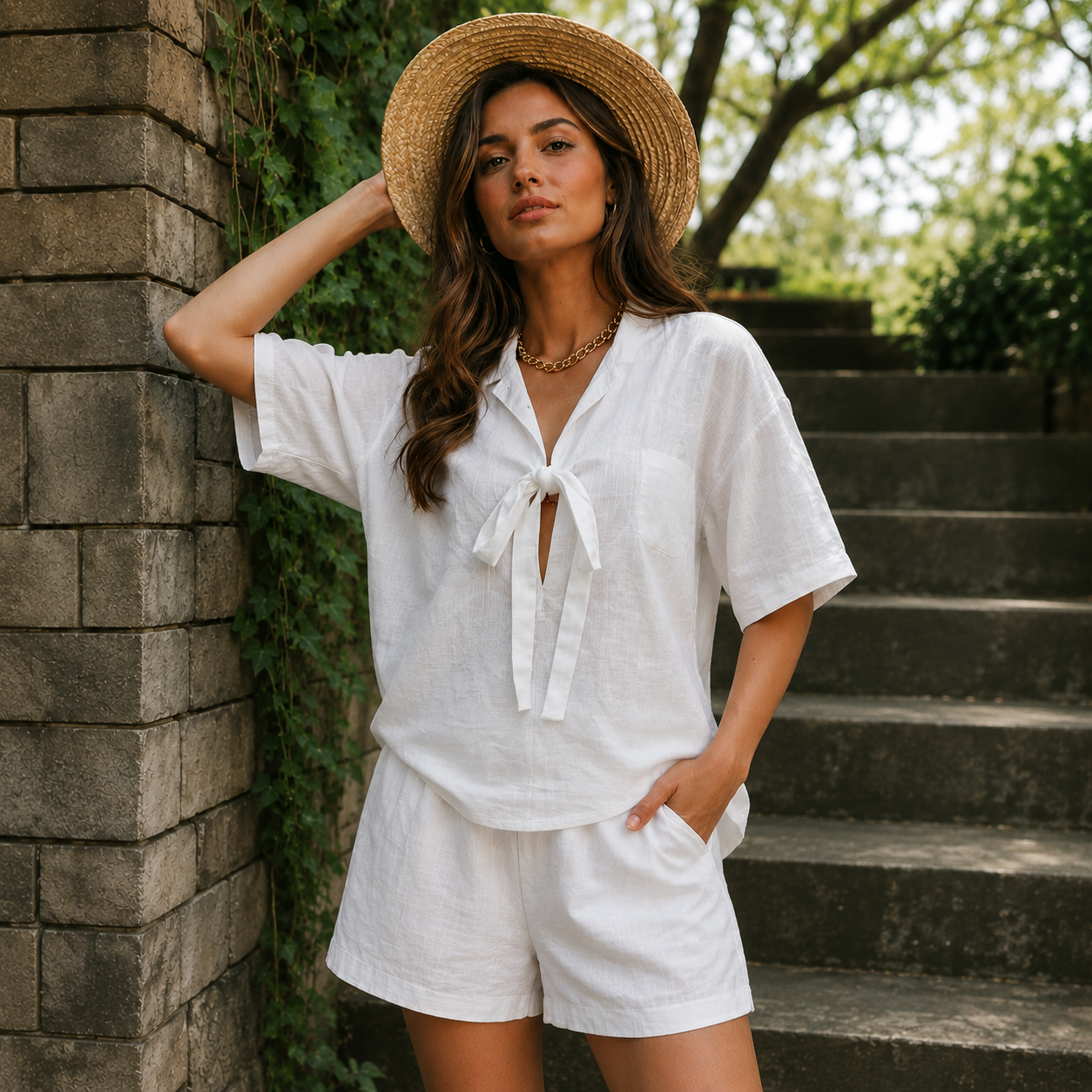 Summer New Solid Color Casual Cardigan Lace-up Short-sleeve Shirt Loose Shorts Set For Women