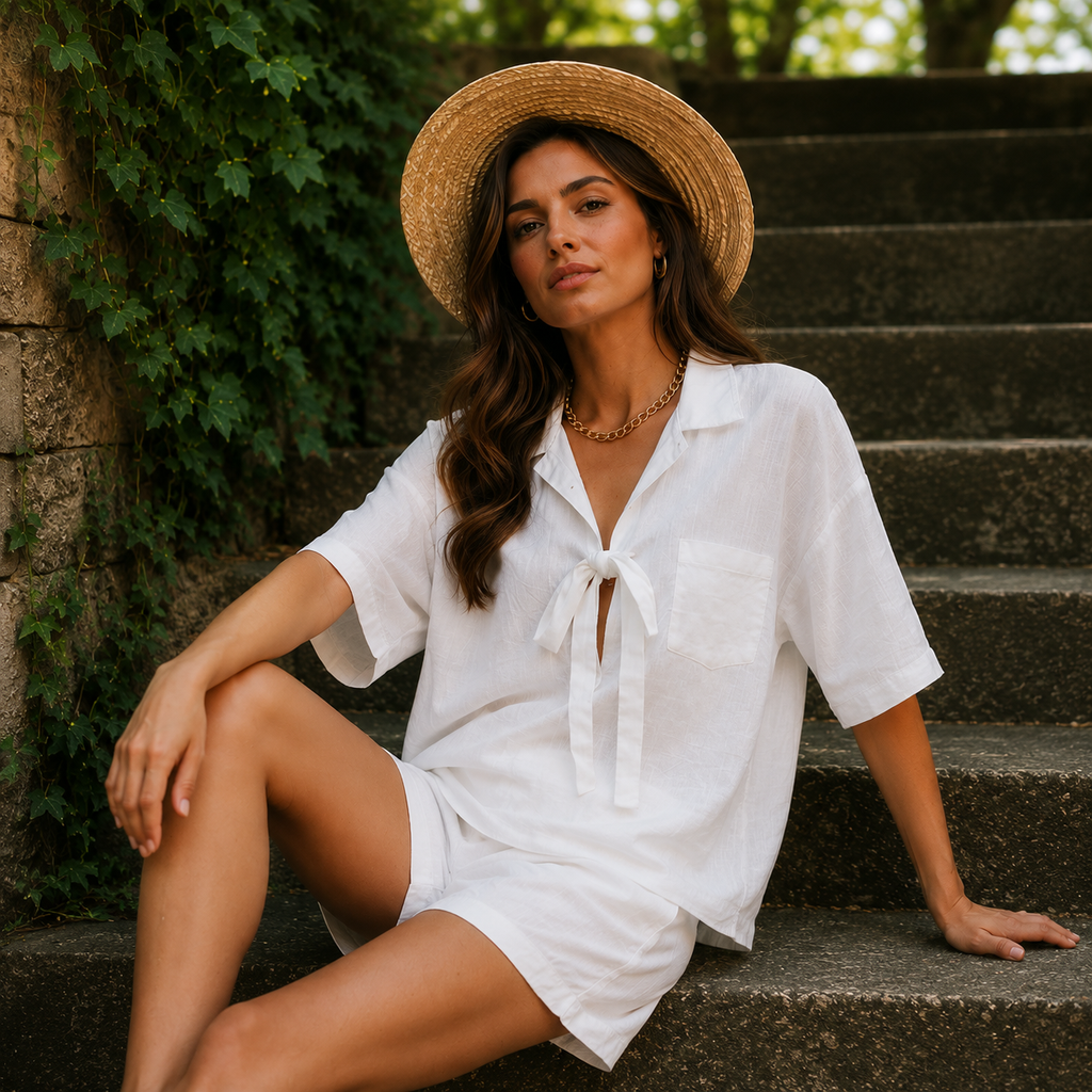 Summer New Solid Color Casual Cardigan Lace-up Short-sleeve Shirt Loose Shorts Set For Women