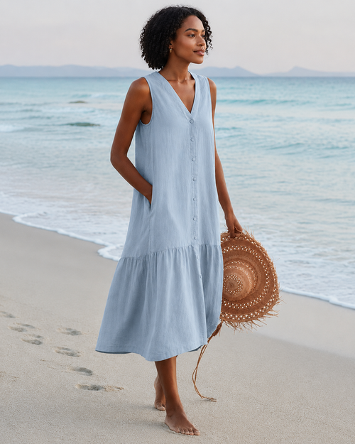Female Pure Color Cotton Strap Type Temperament Long Dress