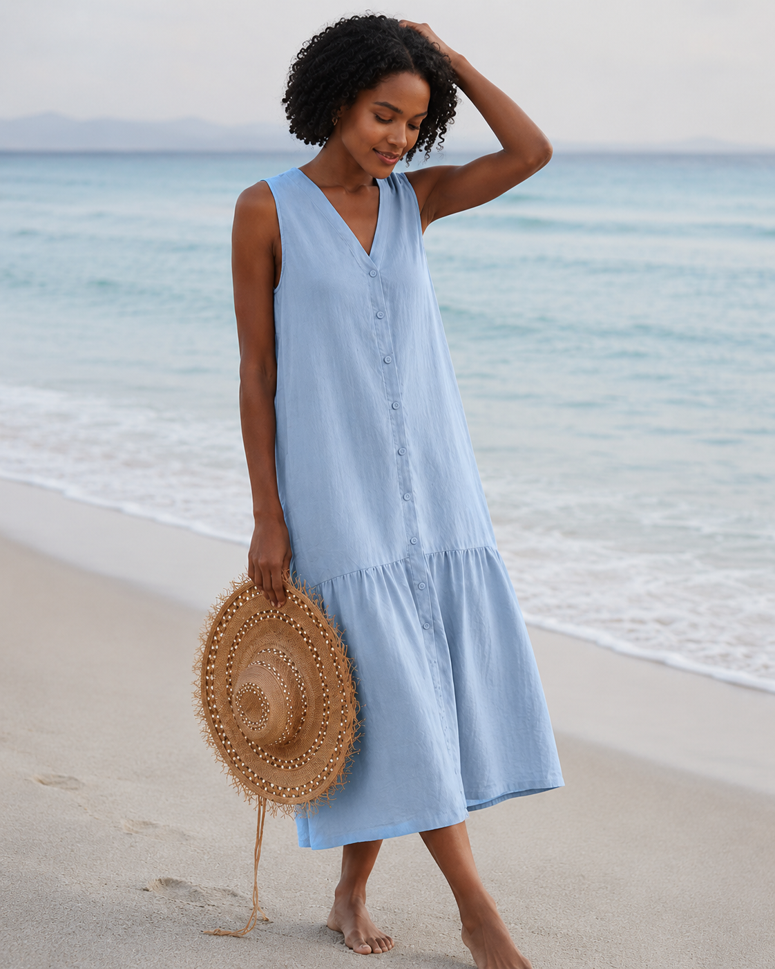 Female Pure Color Cotton Strap Type Temperament Long Dress