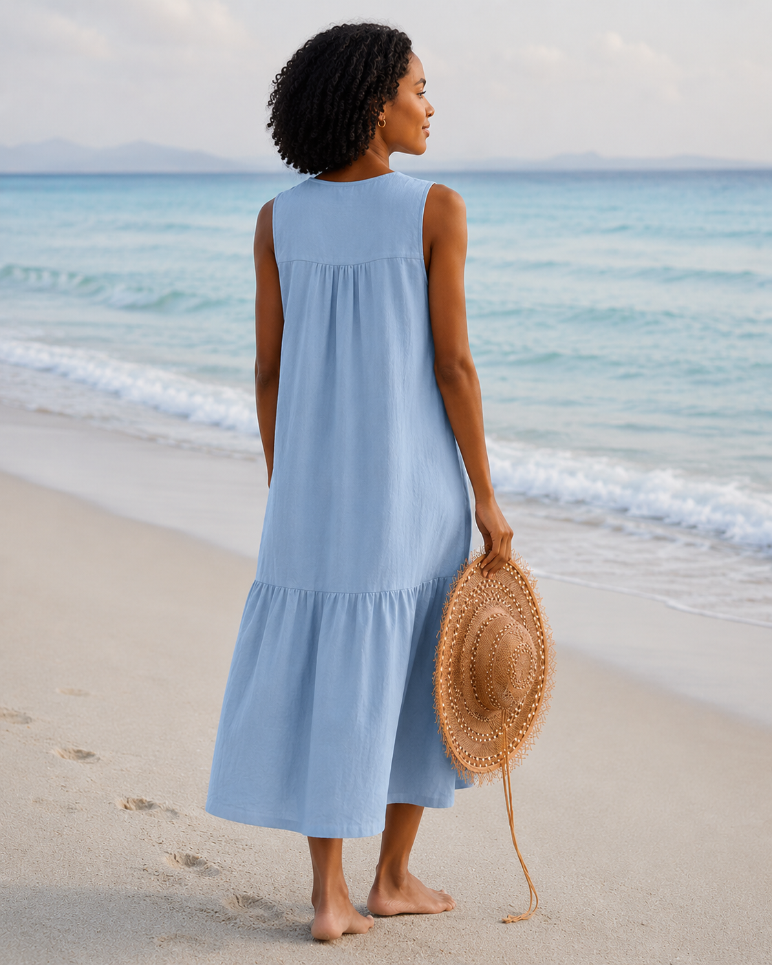 Female Pure Color Cotton Strap Type Temperament Long Dress