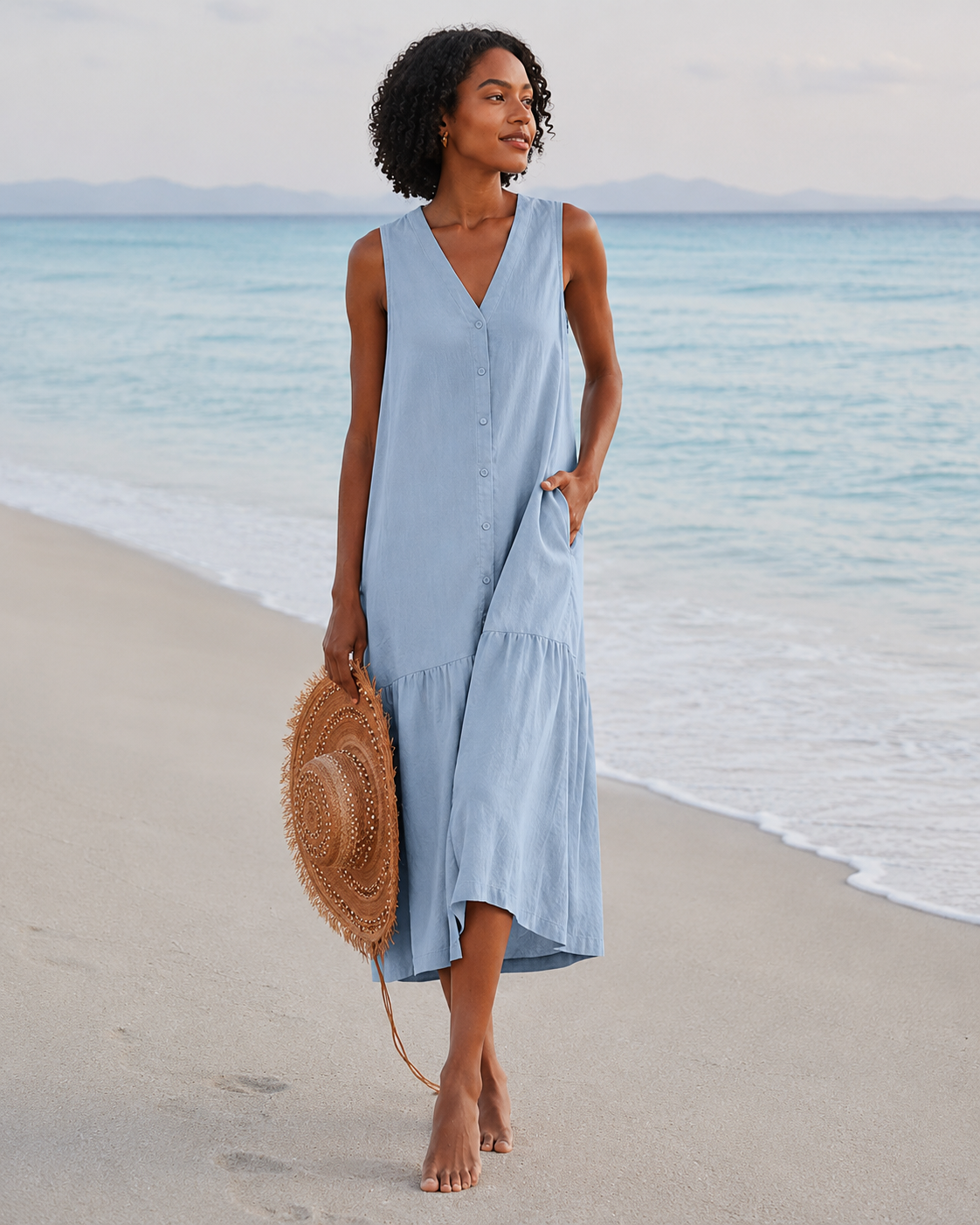 Female Pure Color Cotton Strap Type Temperament Long Dress