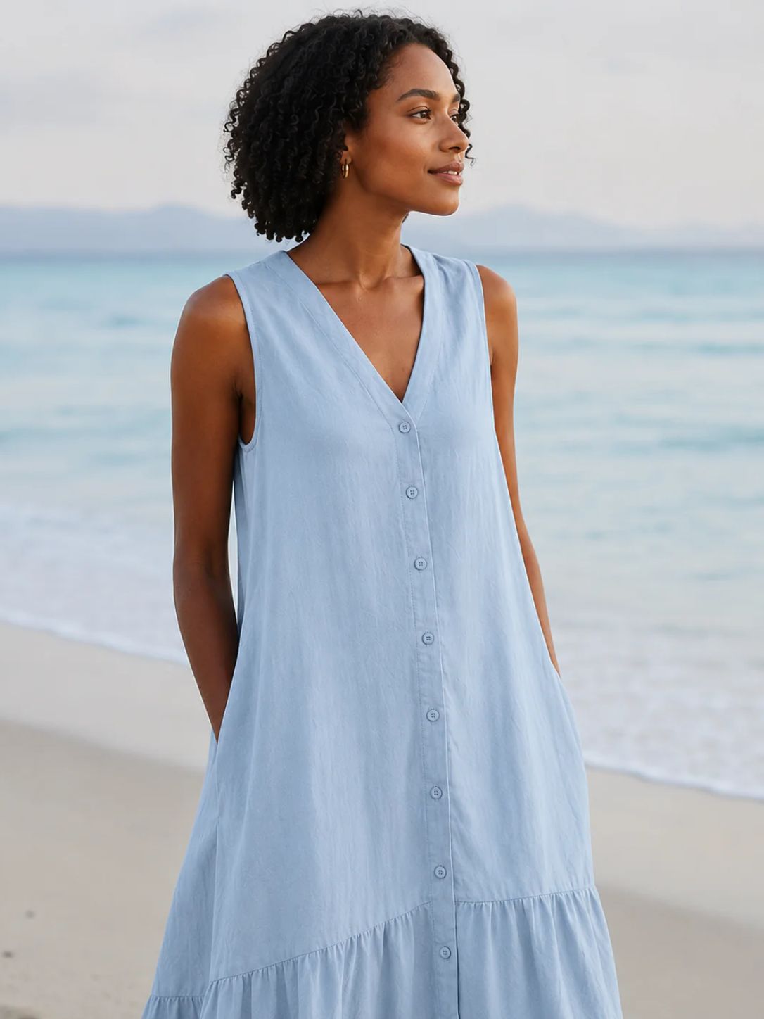Female Pure Color Cotton Strap Type Temperament Long Dress