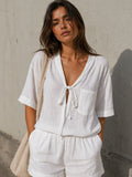 Summer New Solid Color Casual Cardigan Lace-up Short-sleeve Shirt Loose Shorts Set For Women