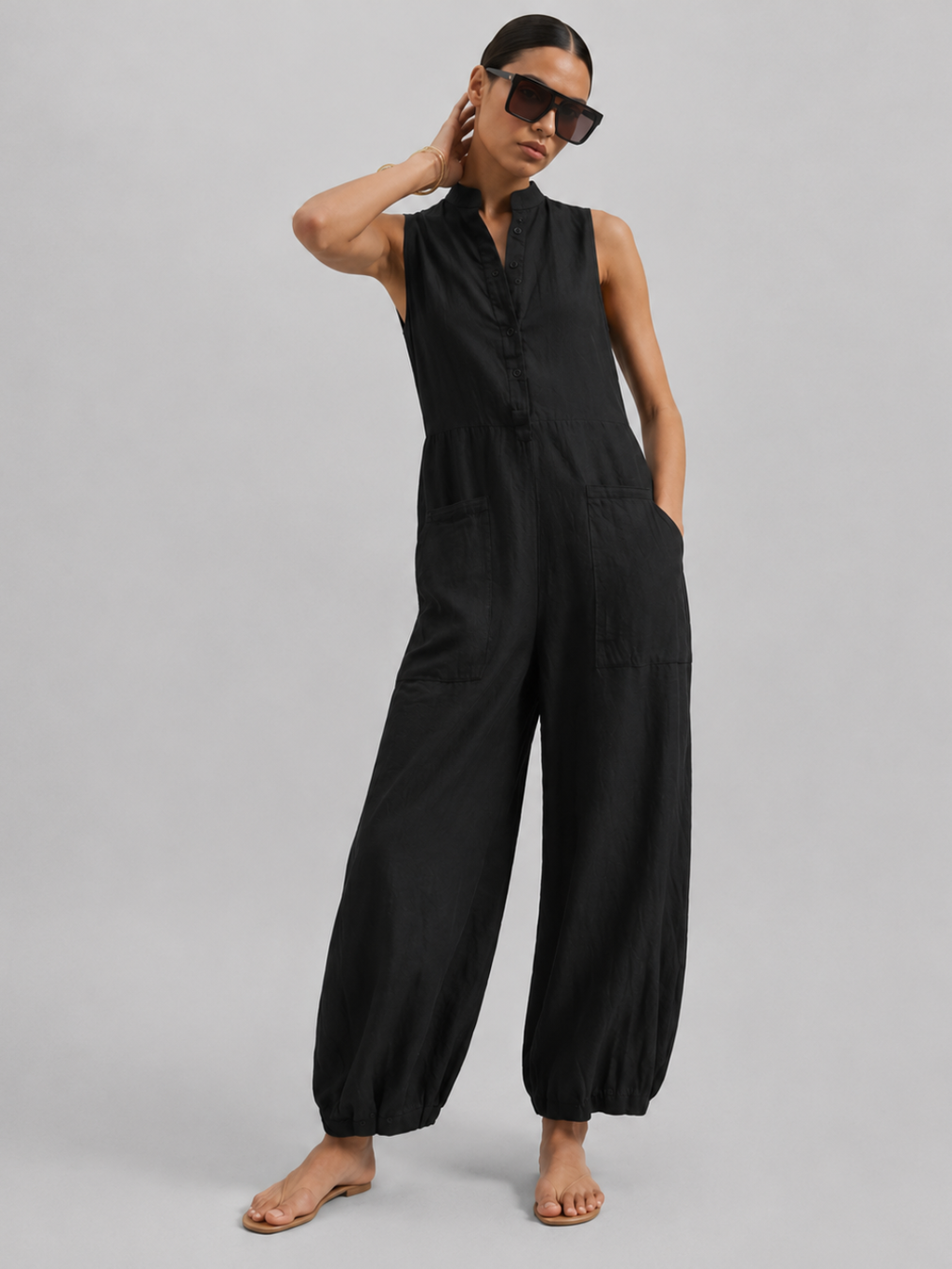 Women's Sleeveless Wide-Leg Jumpsuit – Casual Cropped One-Piece Outfit